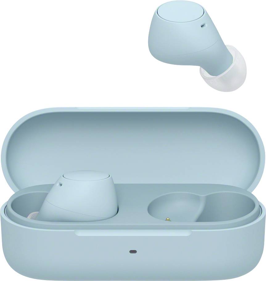 Auricolari wireless in-ear azzurri posizionati in un custodia di ricarica aperta. Un auricolare è sospeso sopra la custodia.