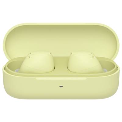 Una coppia di auricolari wireless in un custodia di ricarica aperta di colore giallo.