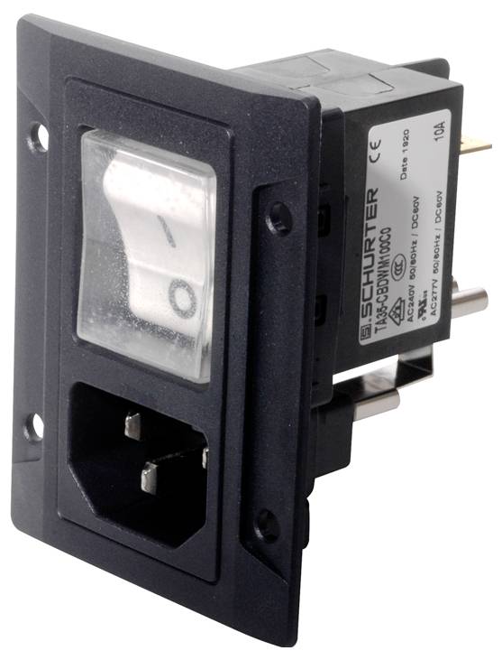 Interruttore elettrico per dispositivi con coperchio trasparente, forma rettangolare, involucro nero. L'interruttore mostra simboli di accensione/spegnimento.