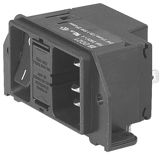 Un connettore elettrico rettangolare di tipo IEC C14 per apparecchiature da interno, con linguette laterali di fissaggio e pin di connessione sul retro.