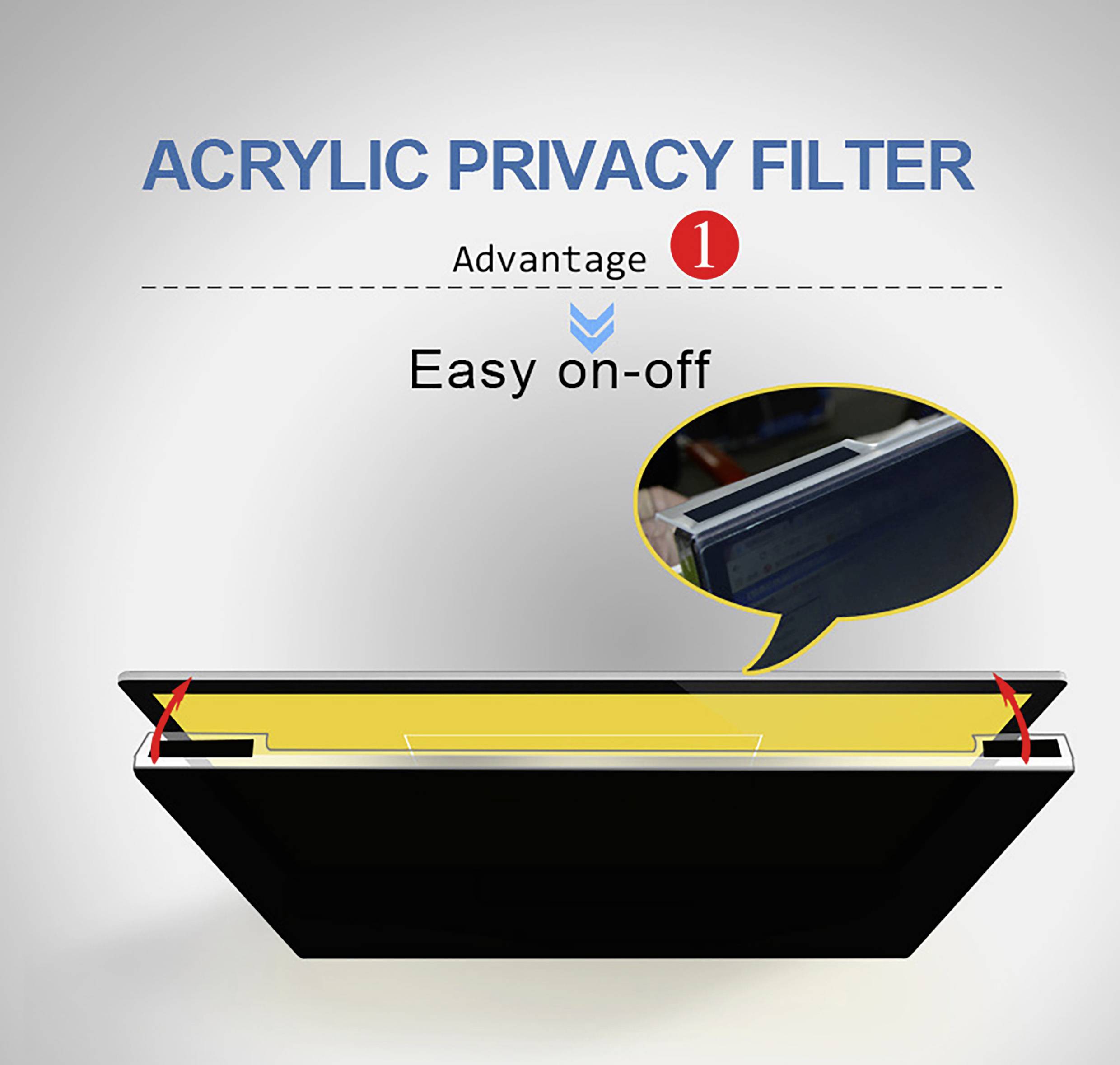 Filtro per la privacy in acrilico con montaggio semplice. Bolla con l'immagine di un monitor su cui viene applicato il filtro. Vantaggi: facilità di utilizzo.