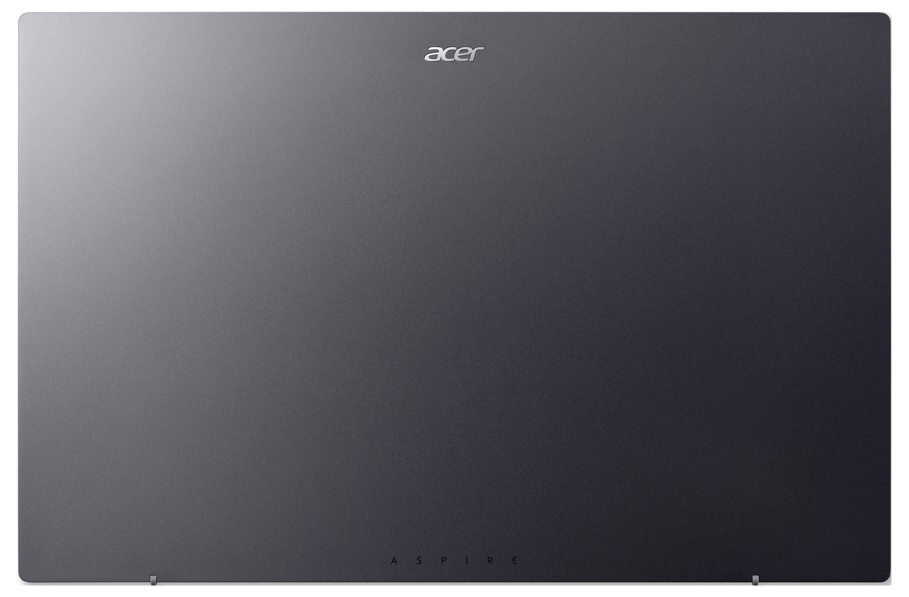 Il coperchio di un laptop Acer Aspire, grigio scuro con il logo Acer al centro in alto.