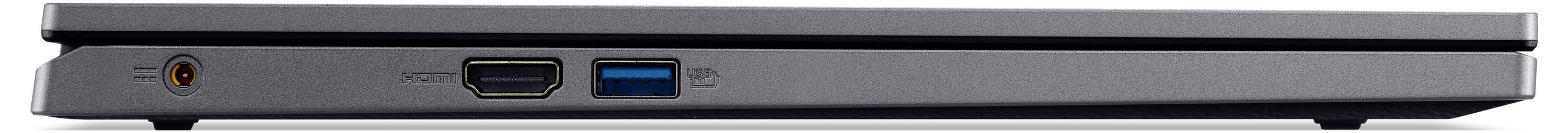 Un laptop chiuso visto di lato, che mostra le porte: HDMI, USB-A e USB-C.