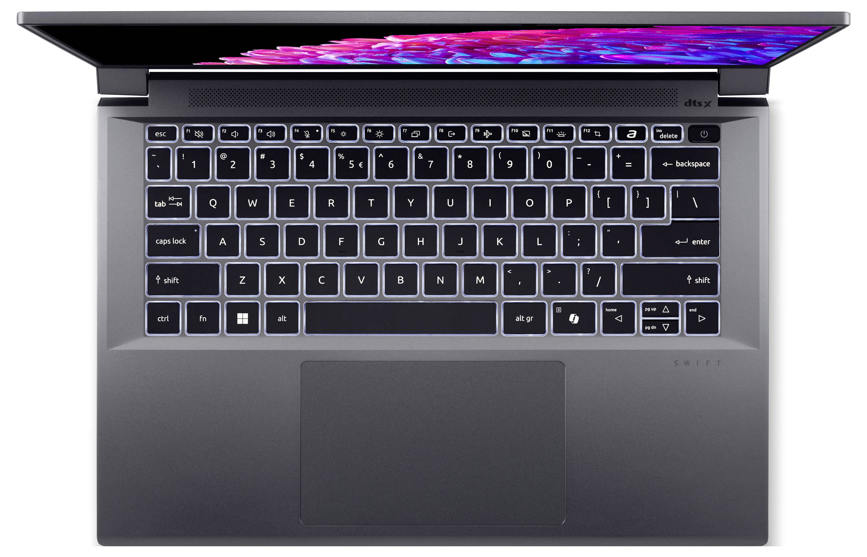 Un laptop aperto con tastiera retroilluminata e display a colori. Il laptop è grigio scuro e presenta un design moderno.