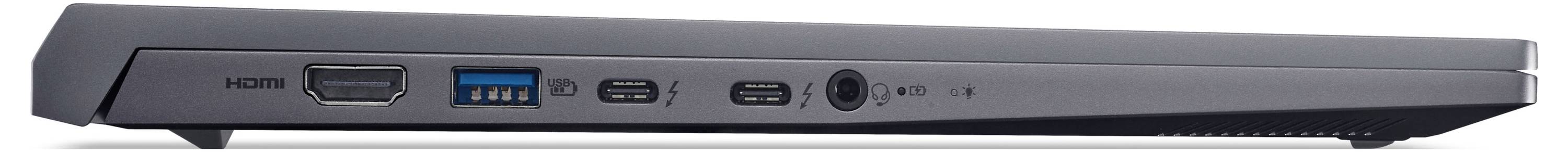 L'immagine mostra la vista laterale di un laptop con diverse porte, tra cui HDMI, USB-A, due USB-C e un jack audio.