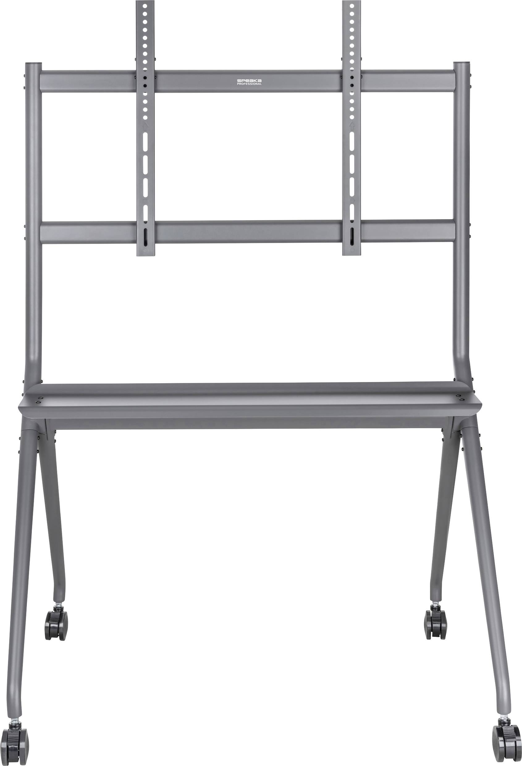 Un carrello porta TV regolabile in altezza con ruote, adatto per schermi di grandi dimensioni. Ideale per presentazioni o postazioni di lavoro mobili.