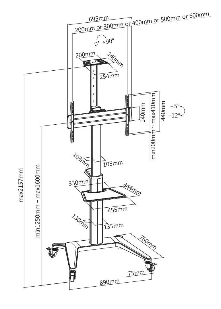 Disegno tecnico di un supporto TV regolabile su ruote con possibilità di regolazione in altezza e inclinazione. Include indicazioni delle misure.