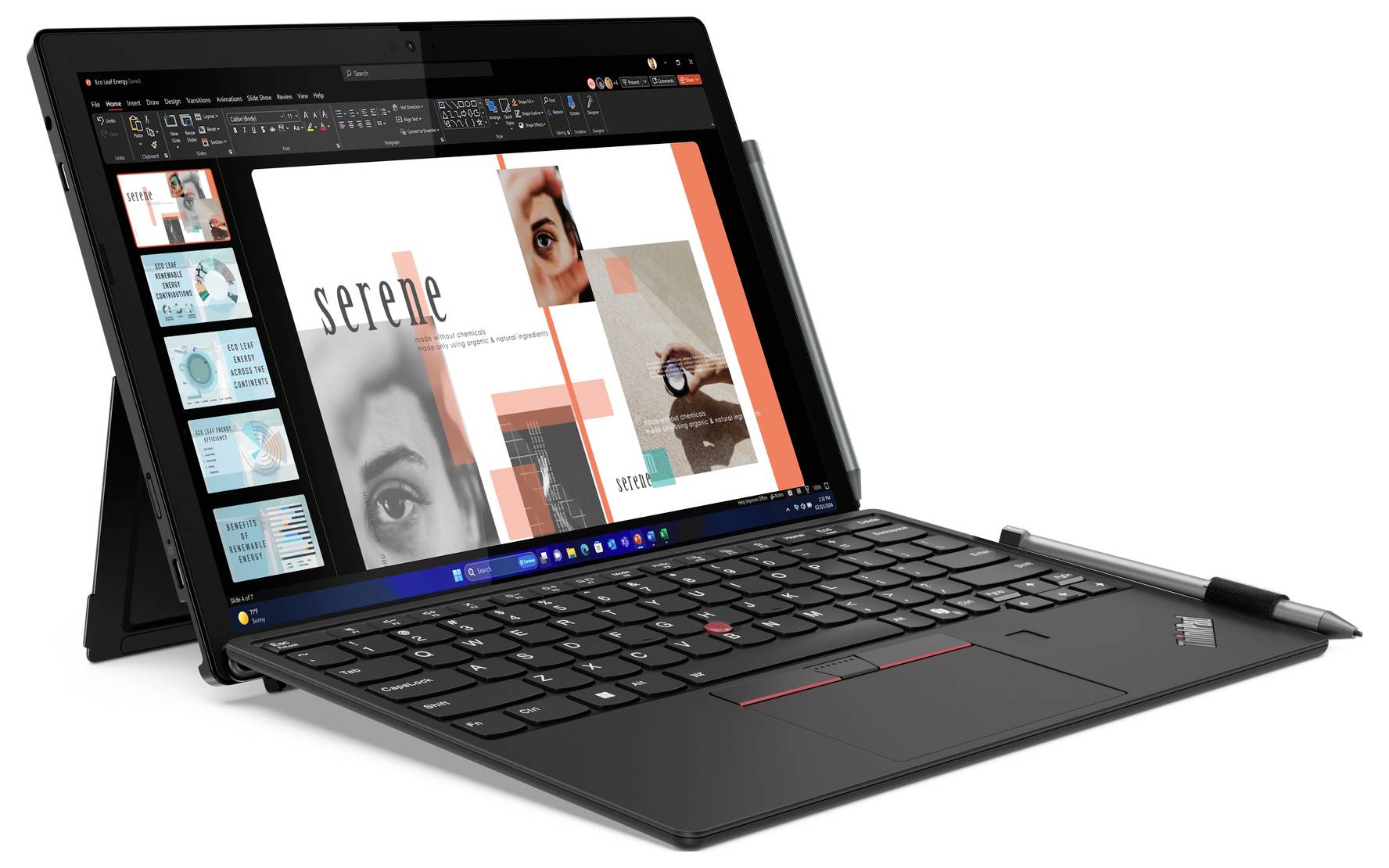 Un ibrido tablet-laptop con tastiera e penna sta mostrando una presentazione sul design. Lo schermo principale mostra la parola 'serene' in un carattere moderno.