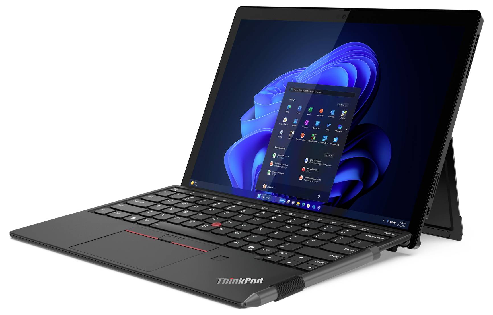 Un ibrido laptop-tablet con schermata di avvio di Windows visualizzata, scocca nera, trackpoint rosso e supporto integrato.