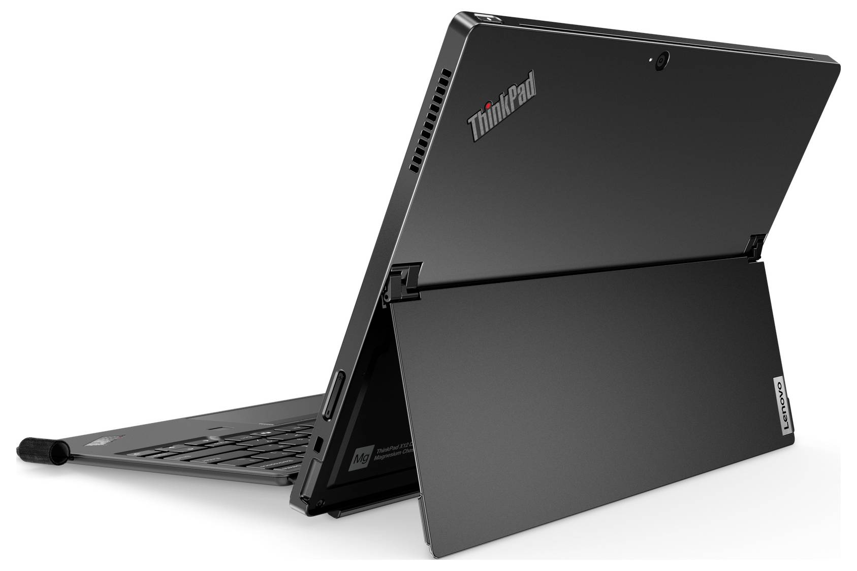 Un dispositivo ibrido laptop-tablet nero con tastiera chiusa e supporto sollevato, su cui è scritto 'ThinkPad'.