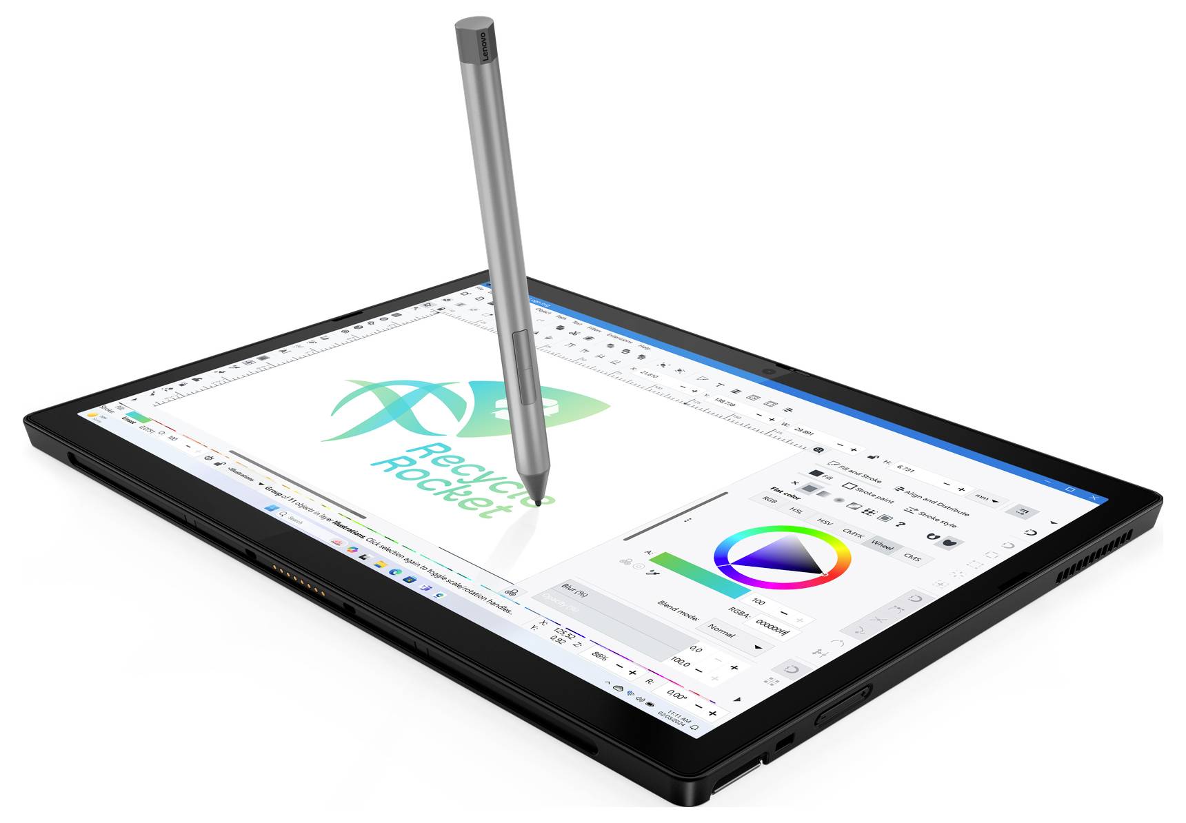 Un tablet è poggiato piatto sul tavolo. Una penna digitale tocca lo schermo, che mostra un software di grafica con un logo.