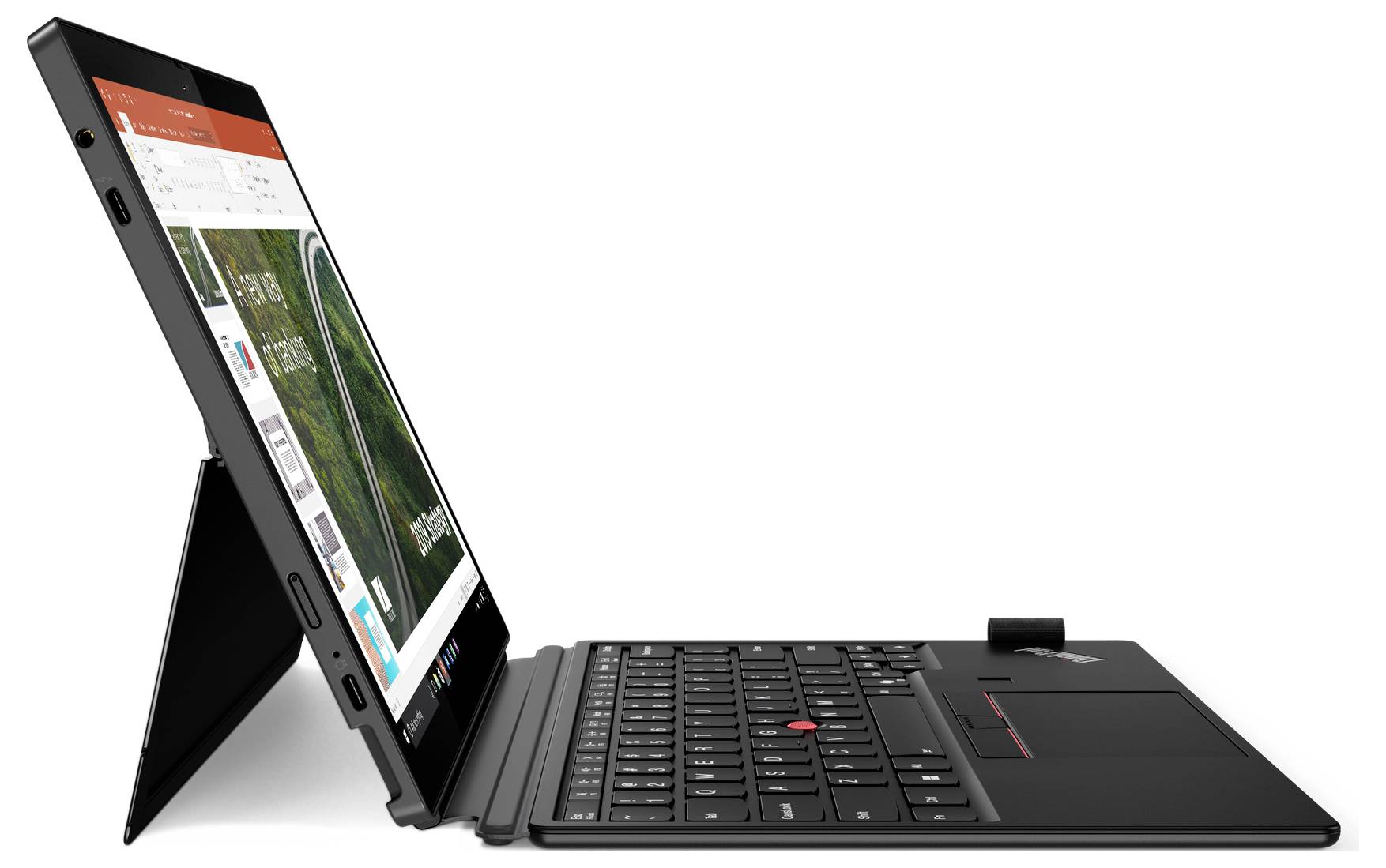 Un laptop con tastiera rimovibile in modalità tablet mostra una diapositiva di presentazione sullo schermo.