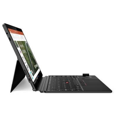 Un laptop con tastiera rimovibile in modalità tablet mostra una diapositiva di presentazione sullo schermo.