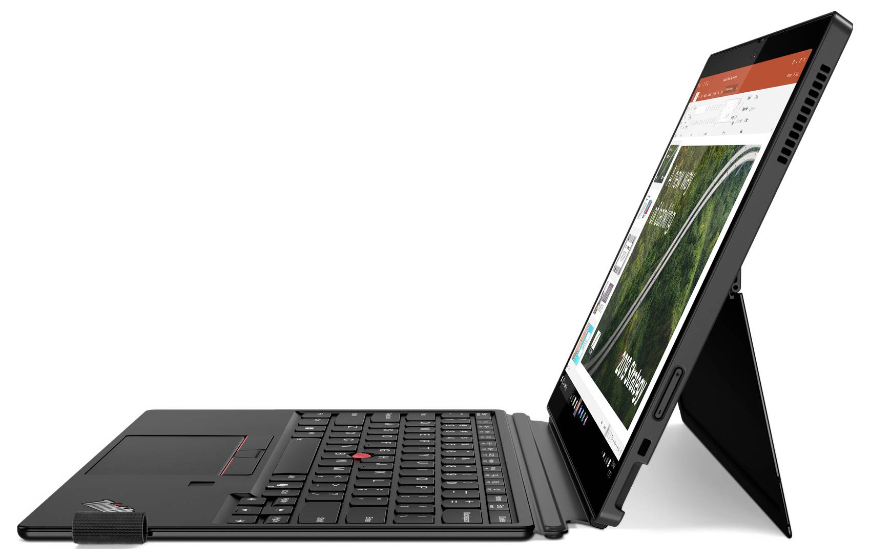 Un tablet nero con supporto per tastiera mostra uno schermo aperto con una finestra e del testo parzialmente nascosto.
