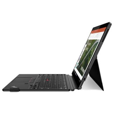 Un tablet nero con supporto per tastiera mostra uno schermo aperto con una finestra e del testo parzialmente nascosto.