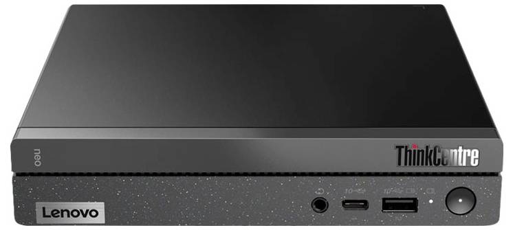 Un Lenovo ThinkCentre Neo Mini PC nero, con porte USB e jack audio sul davanti, posizionato su una scrivania.