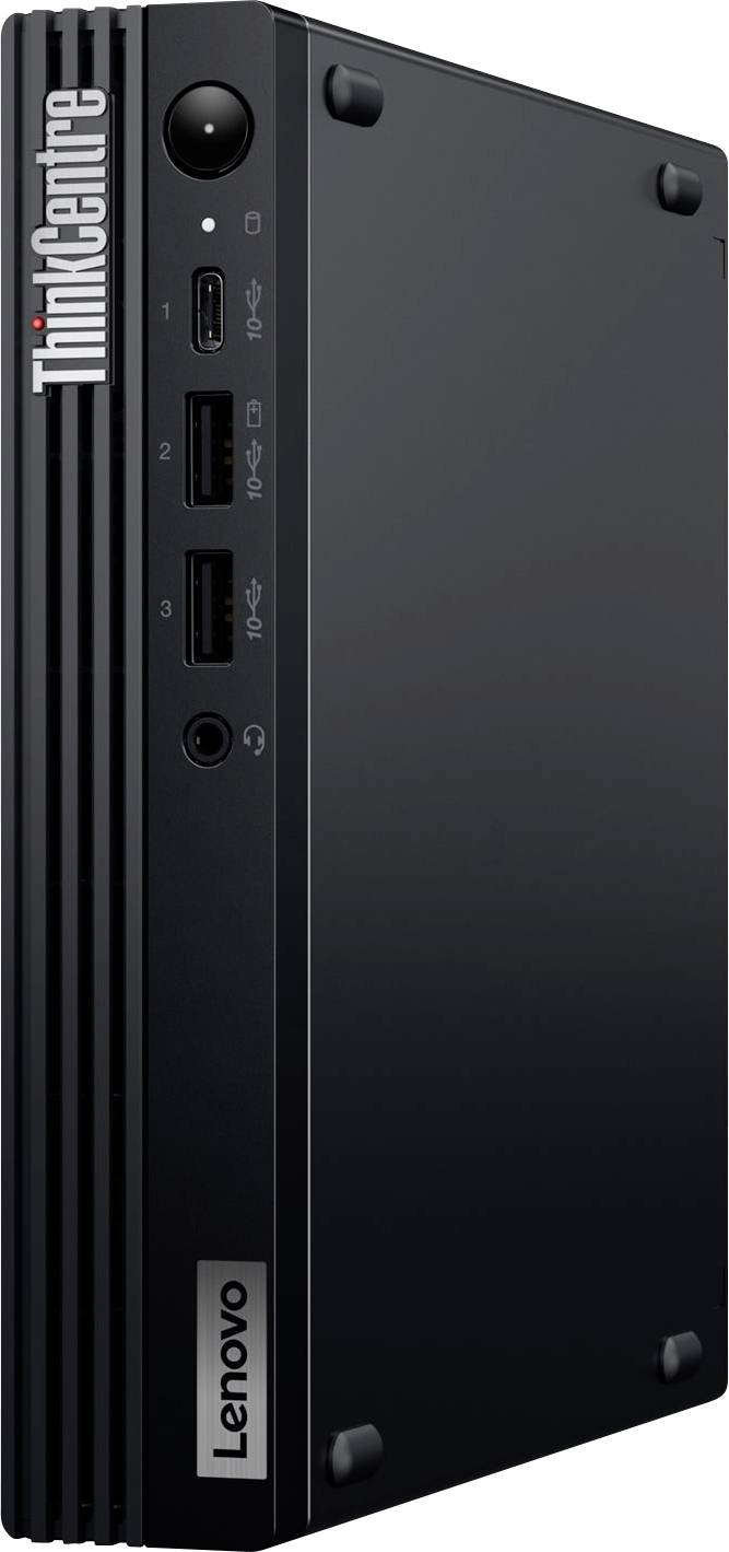 Un mini PC Lenovo ThinkCentre nero in vista laterale inclinata, con diversi porte sul lato e il logo del marchio visibile.