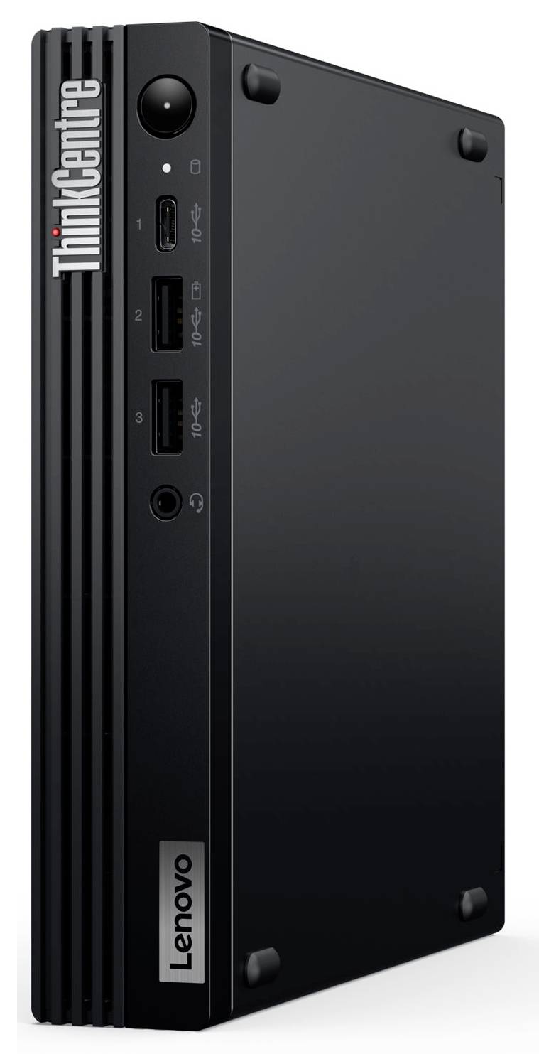 Un mini PC Lenovo ThinkCentre nero con porte USB e HDMI sul frontale. Il suo design è compatto e orientato verticalmente.