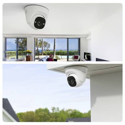 Due telecamere di sorveglianza sono installate su un soffitto e in un angolo esterno, fornendo viste di monitoraggio di sicurezza sia interne che esterne.
