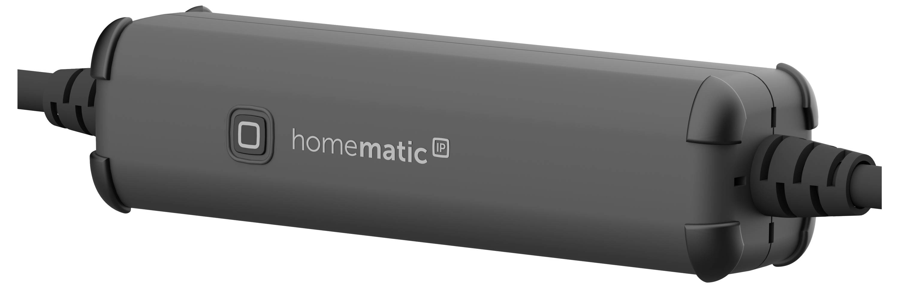 Un dispositivo elettronico grigio, rettangolare con il logo 'homematic IP' sulla superficie. Connessioni per cavi su entrambe le estremità.