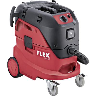 Un aspiratore industriale rosso con involucro nero, bocca del tubo anteriore, quattro ruote e comandi sulla parte superiore. Modello 'FLEX S 44 AC'.