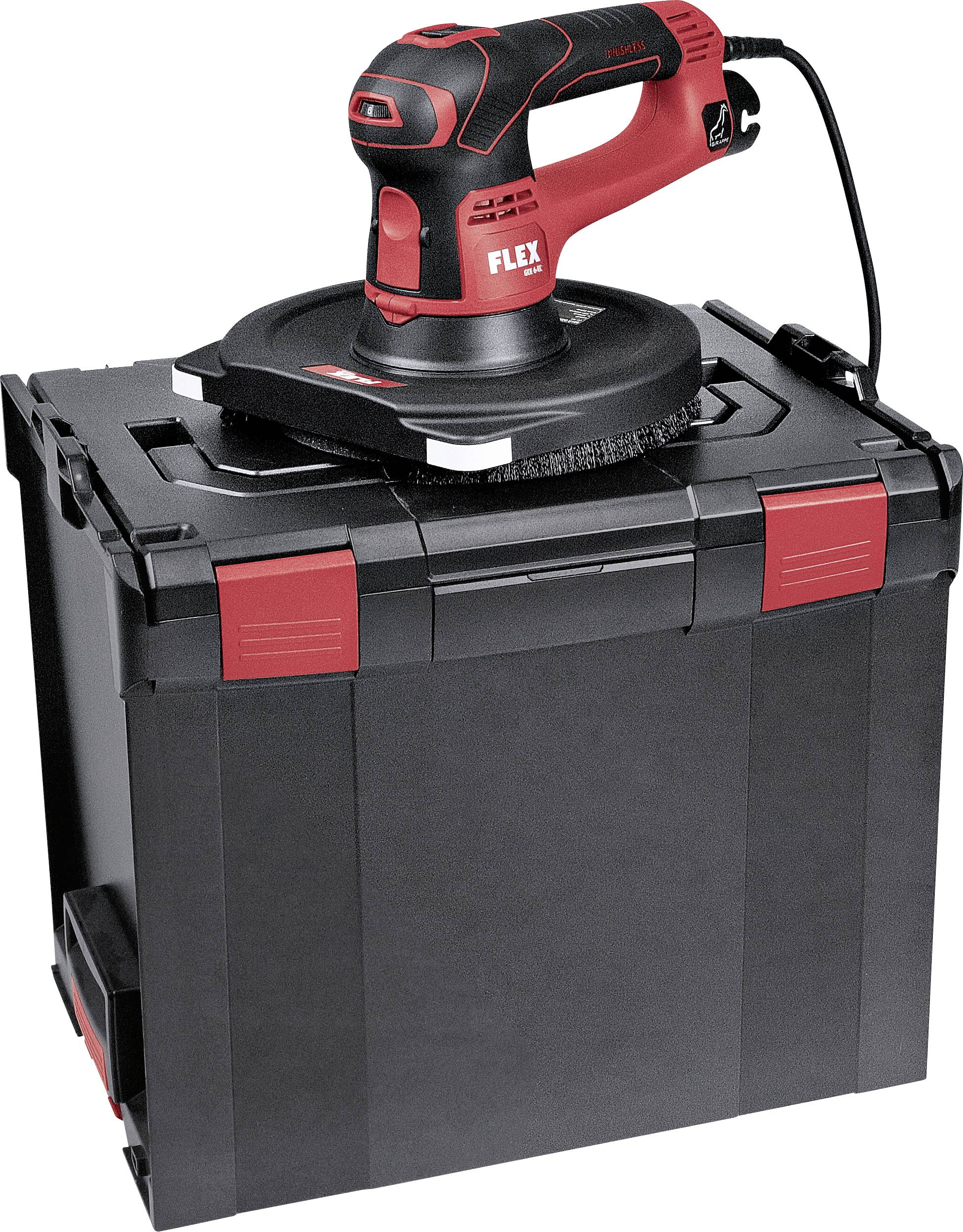 Un utensile elettrico rosso su una valigetta nera. Lo strumento ha un manico ergonomico e sembra essere adatto a lavori di lucidatura.