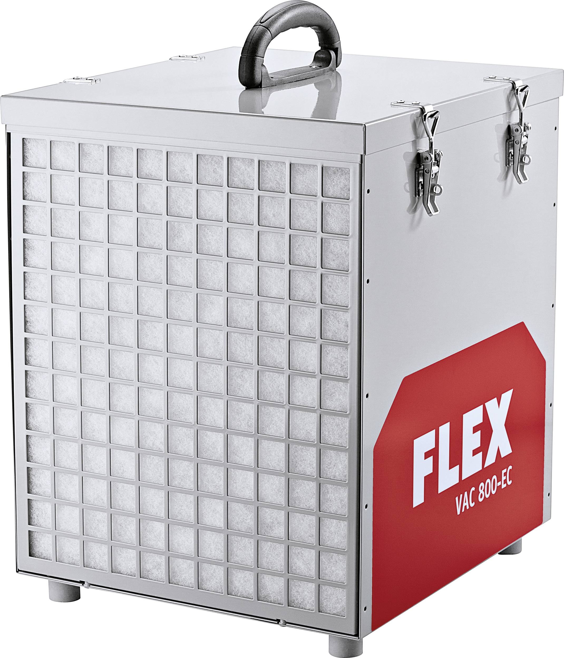 Purificatore d'aria con manico, involucro rettangolare e filtro visibile, con uno scudo rosso recante la scritta 'FLEX VAC 800-EC' sul lato.