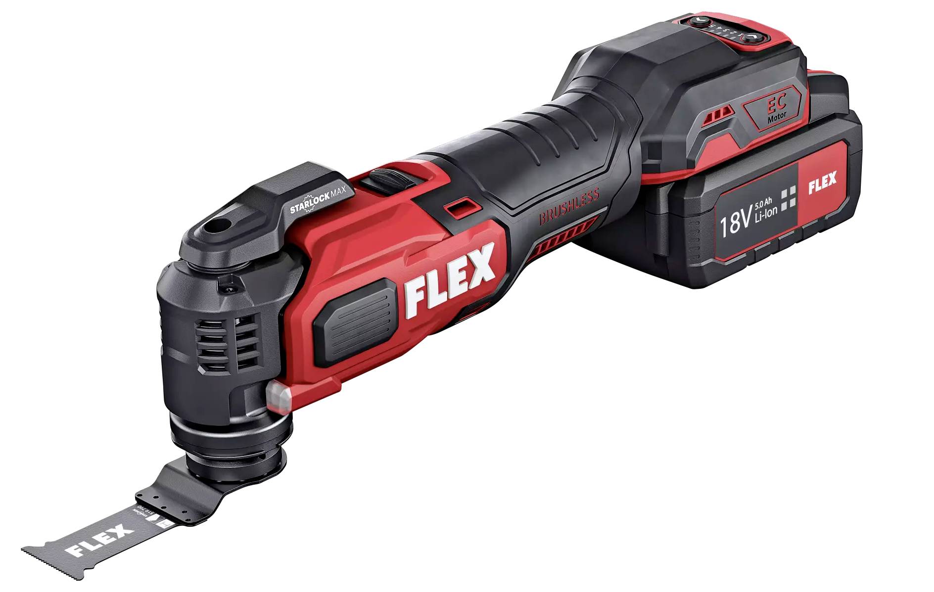 Utensile multiuso a batteria FLEX con involucro rosso e nero, utilizzato per tagliare e levigare.