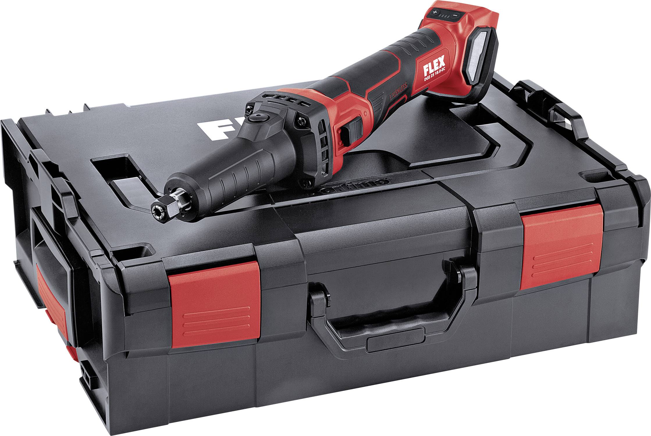 Un smerigliatrice a batteria rosso e nero è poggiata su un valigetta degli attrezzi nera, con il logo 'FLEX' visibile.