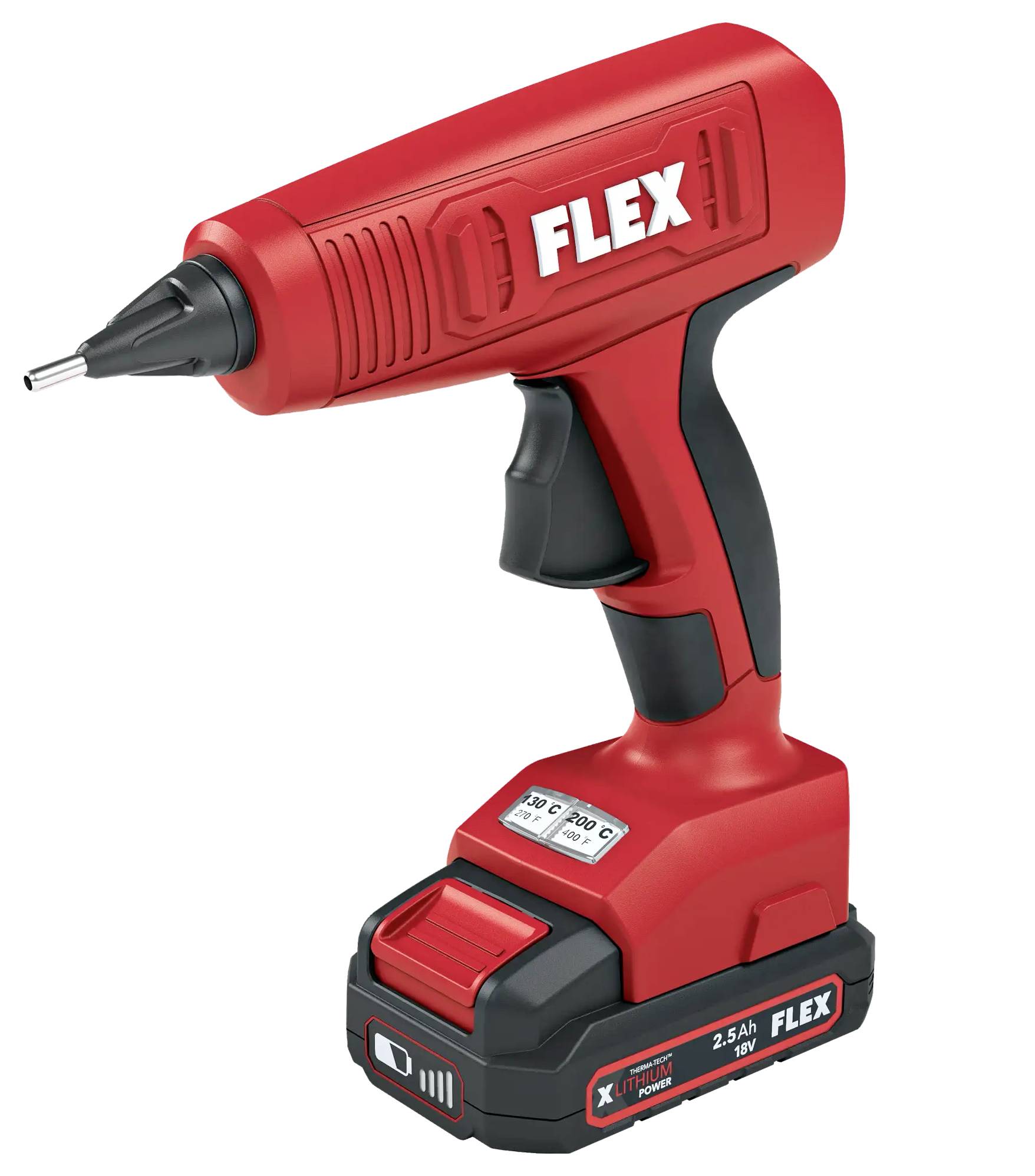 Un cacciavite a batteria rosso della marca Flex, in posizione verticale, con un manico ergonomico e una batteria rimovibile sul fondo.