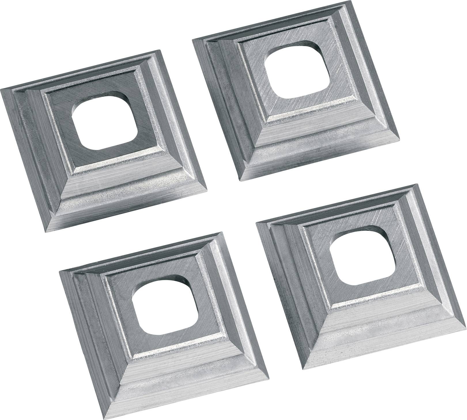Quattro lastre metalliche quadrate con un foro quadrato centrale, disposte in modo uniforme e simmetrico su uno sfondo chiaro.