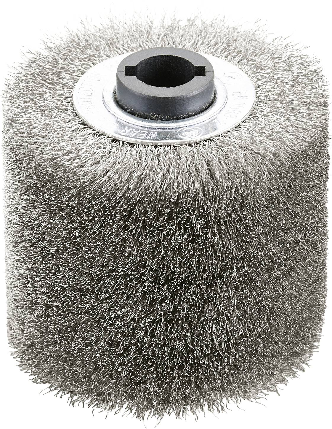 Una spazzola cilindrica in filo metallico con fitte setole metalliche e un'apertura centrale per il montaggio.