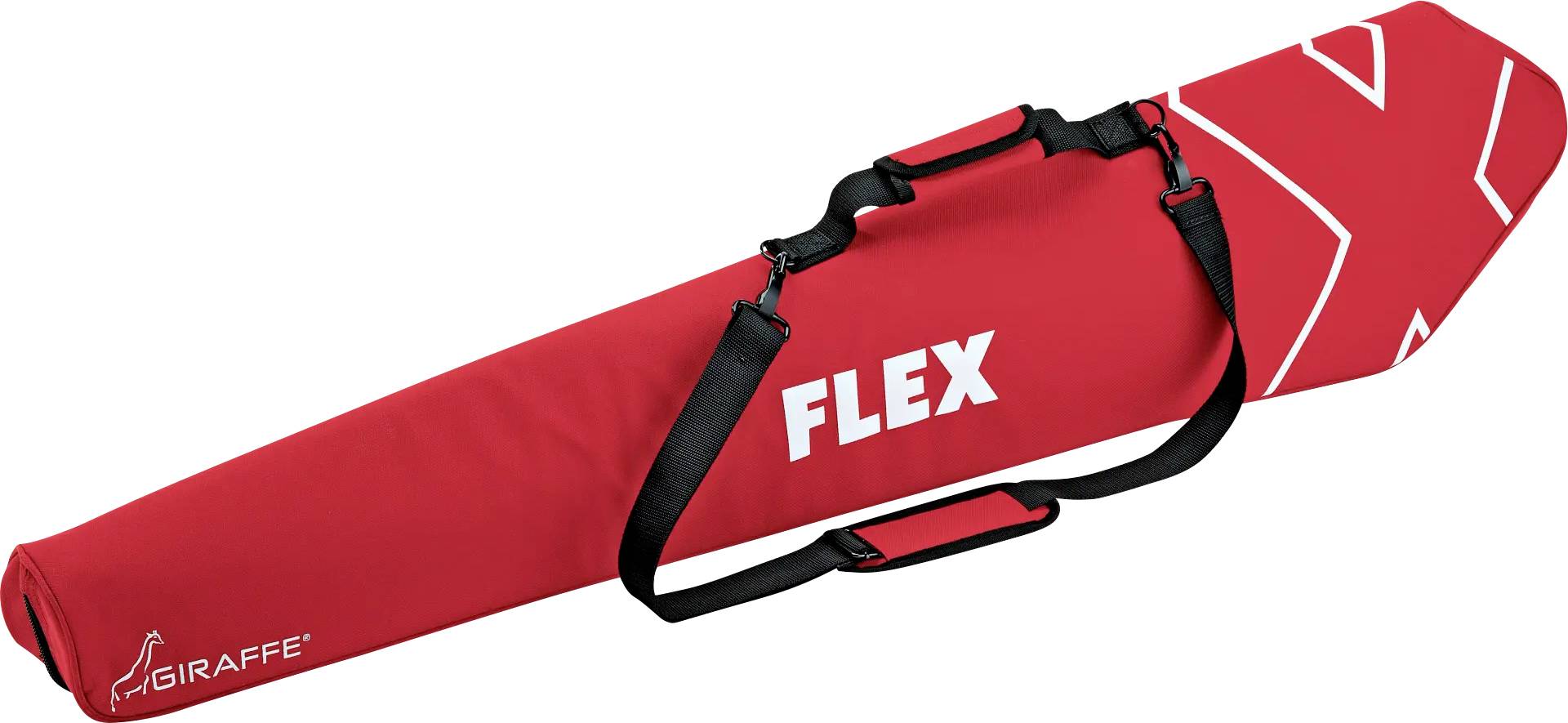 Borsa a tracolla rossa con stampe bianche 'FLEX' e 'GIRAFFE'. La borsa ha una tracolla ed è di forma allungata.