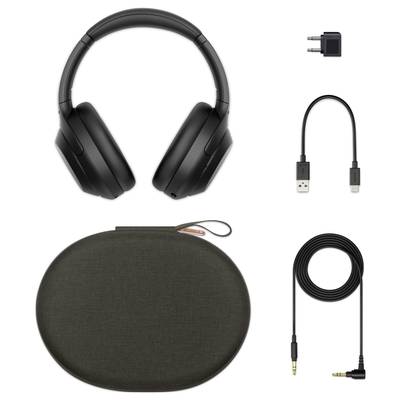 Cuffie wireless nere con imbottiture auricolari, cavo USB ricaricabile, adattatore, cavo audio da 3,5 mm e custodia nera.