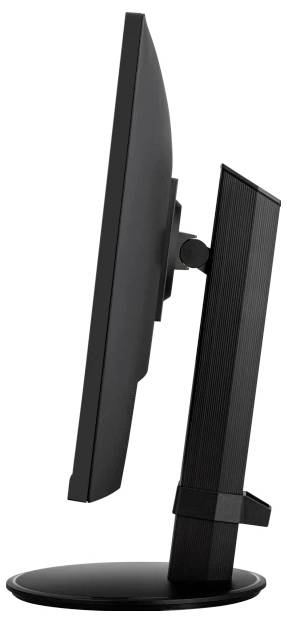 Un monitor nero per computer visto di lato, montato su un piedistallo rotondo. Il suo design è sottile e moderno.