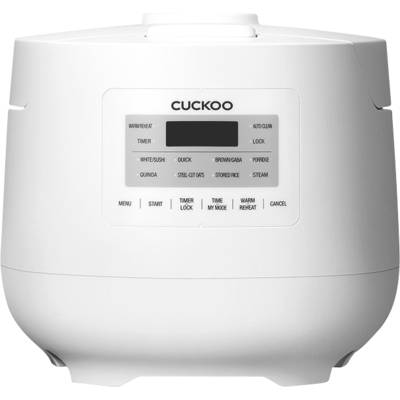 Un fornello di riso bianco del marchio Cuckoo con display digitale e diversi tasti per le modalità di cottura sul davanti.