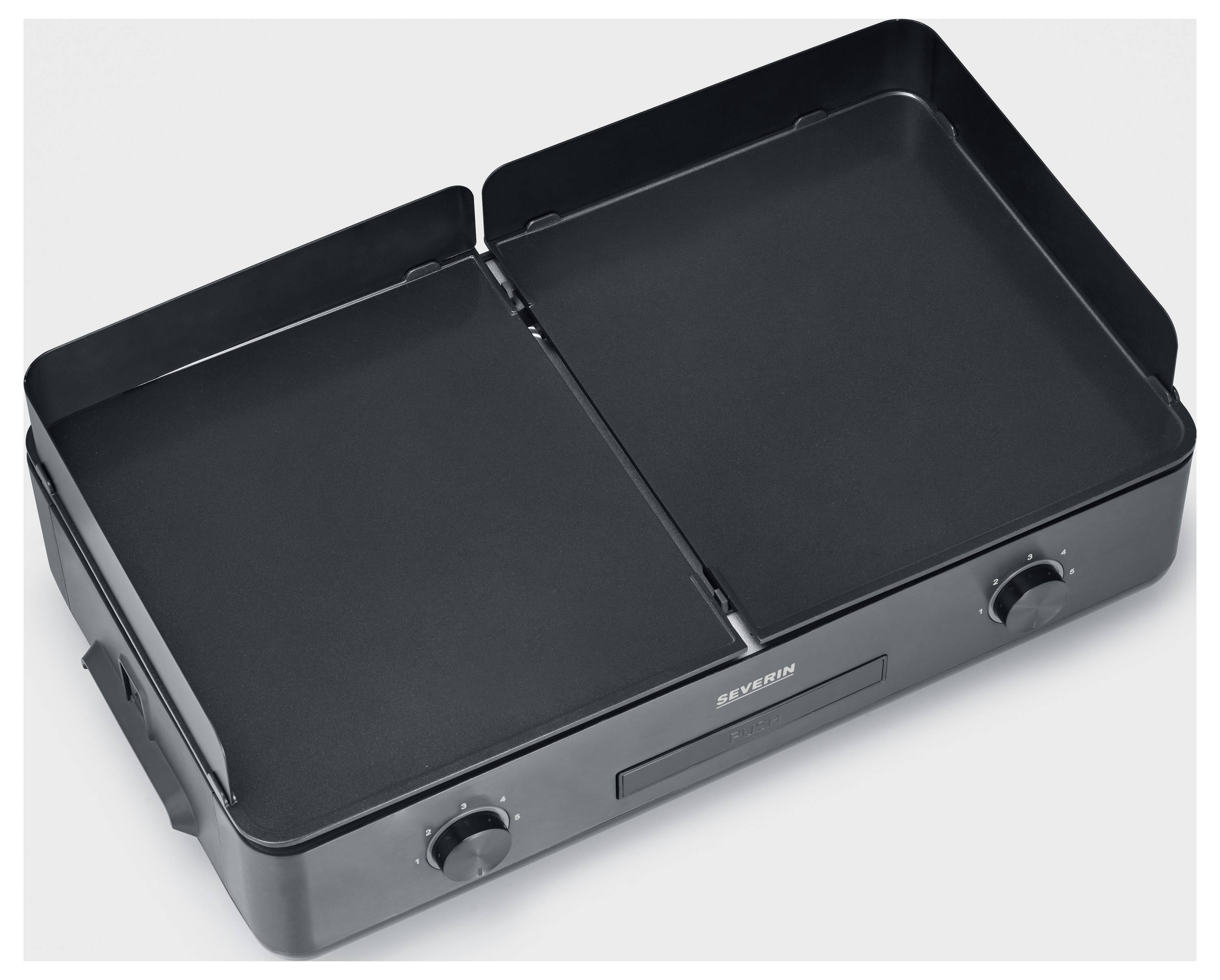 Piastra elettrica nera con due superfici di cottura separate e regolatori di temperatura su ciascun lato.