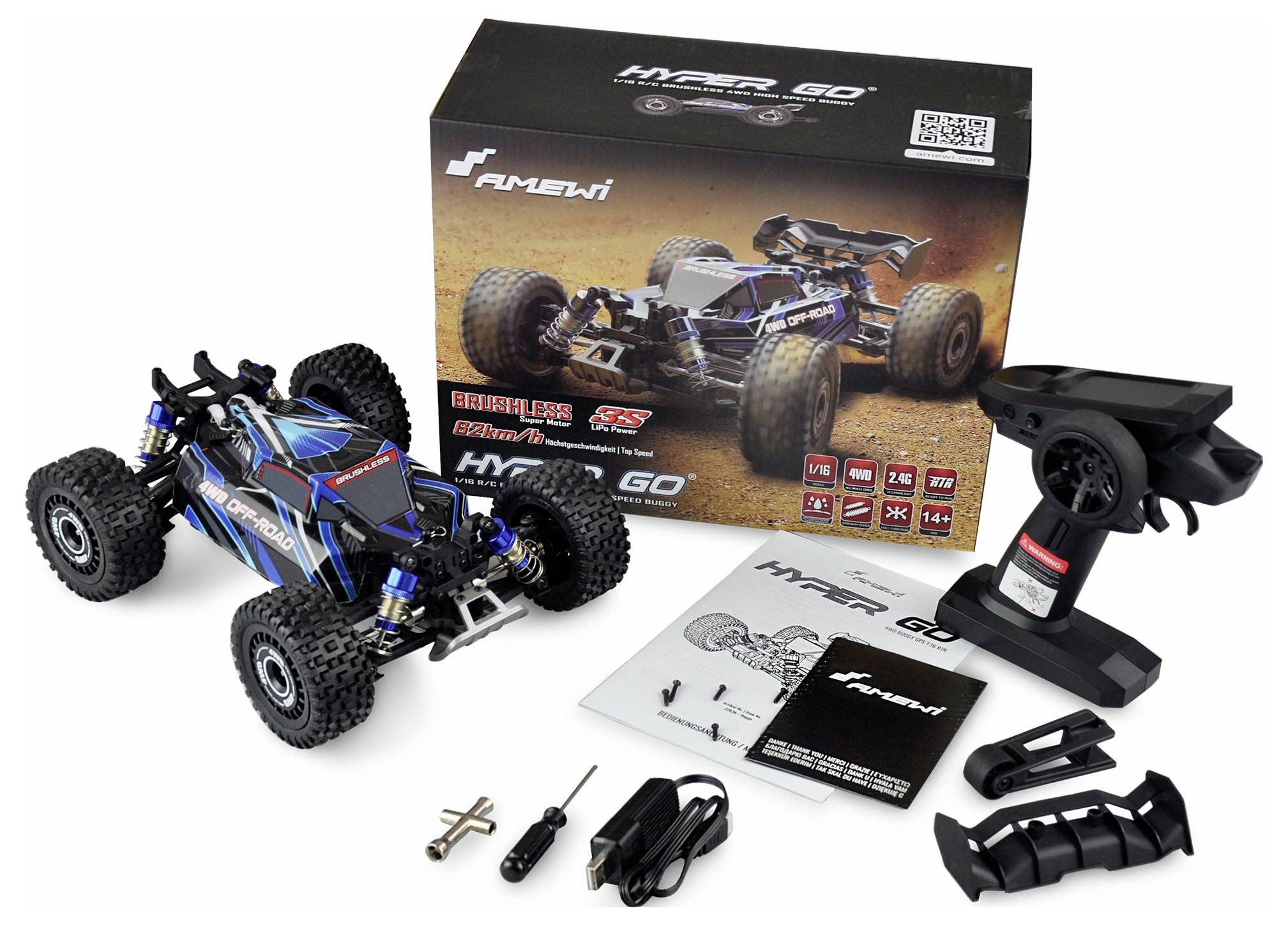 Auto telecomandata con accessori e telecomando, confezionata in una scatola con la scritta 'Hyper Go'.