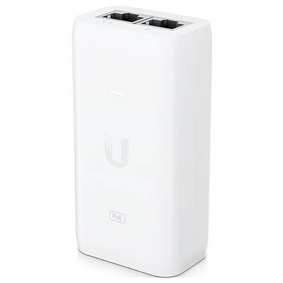 Un dispositivo di rete bianco con due porte Ethernet in alto e un piccolo logo 'PoE' in basso.