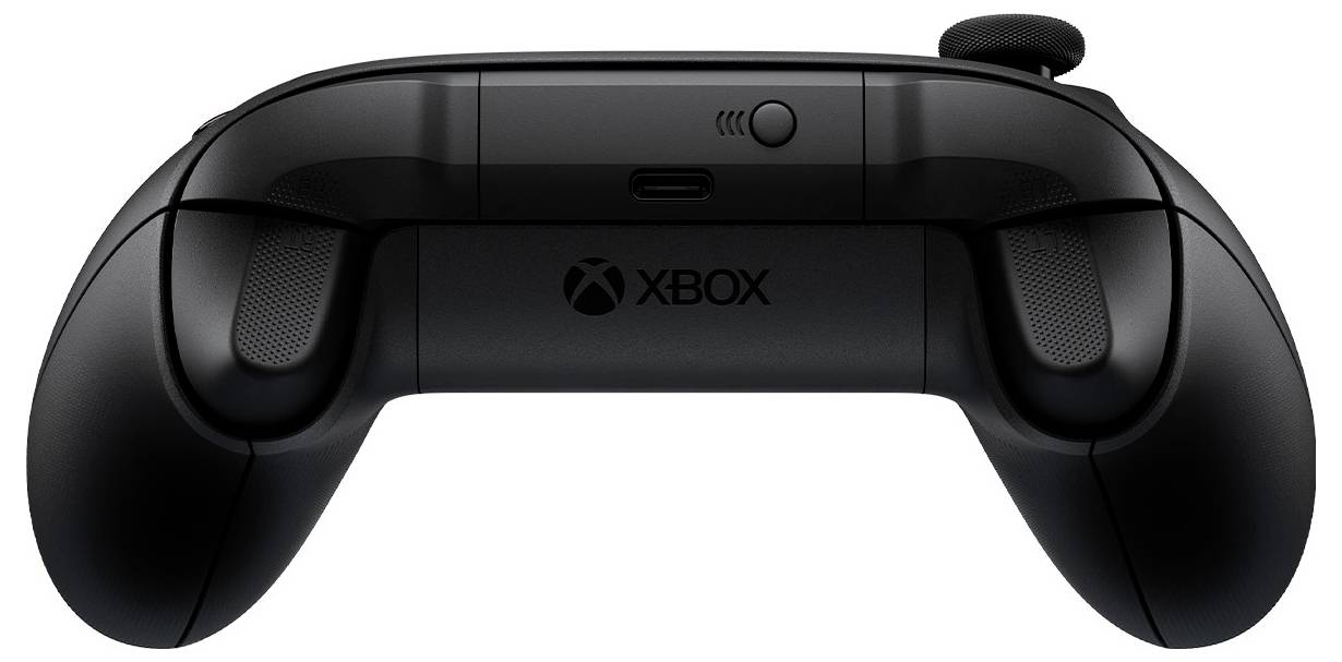 Controller nero visto da dietro, che mostra i tasti superiori e la porta USB-C.