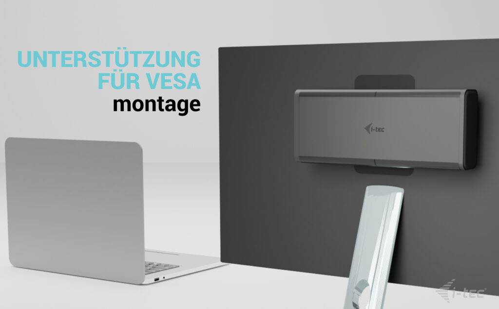 Un laptop è posizionato accanto a un monitor montato su un supporto. Il testo 'Supporto per montaggio VESA' è visibile.