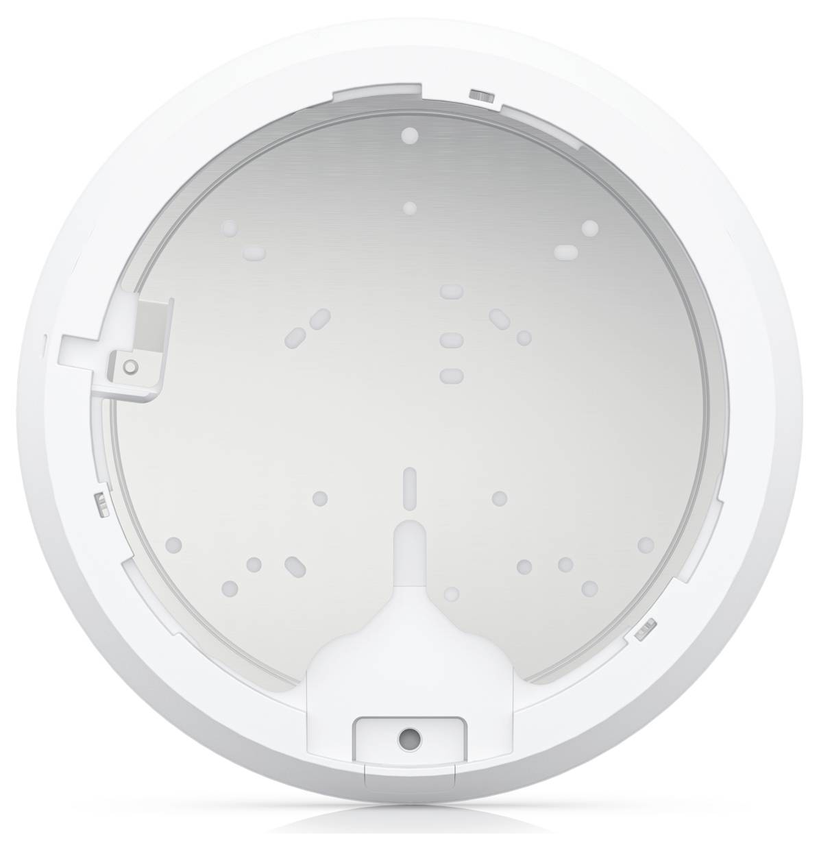 Involucro bianco, vuoto e circolare per dispositivo, con più punti di fissaggio e un'apertura centrale.