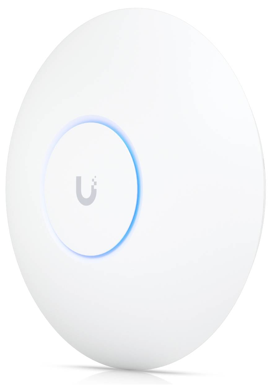 Un punto di accesso Wi-Fi bianco e rotondo montato a parete, con un anello LED blu illuminato al centro e il logo a forma di 'U'.