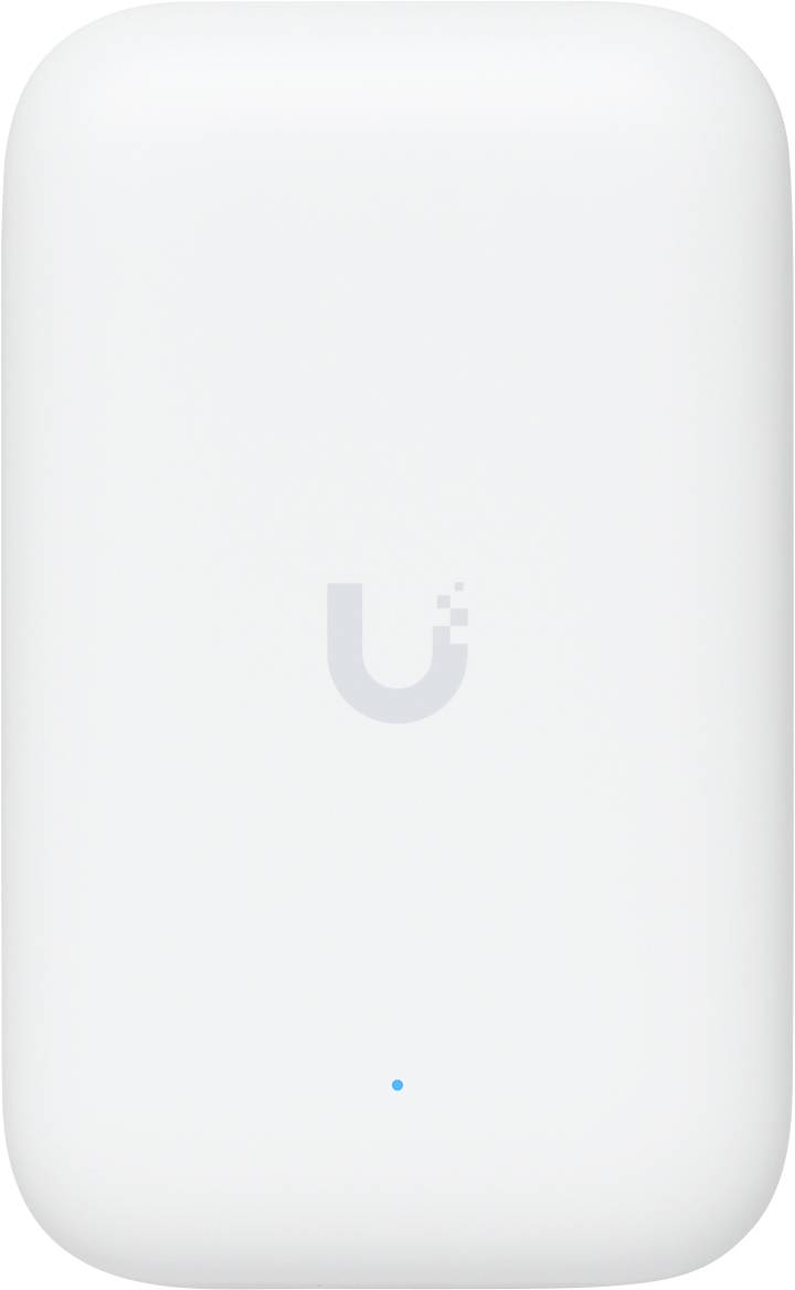 Un dispositivo bianco, rettangolare con angoli arrotondati e una piccola luce blu in basso mostra il logo 'U' al centro.