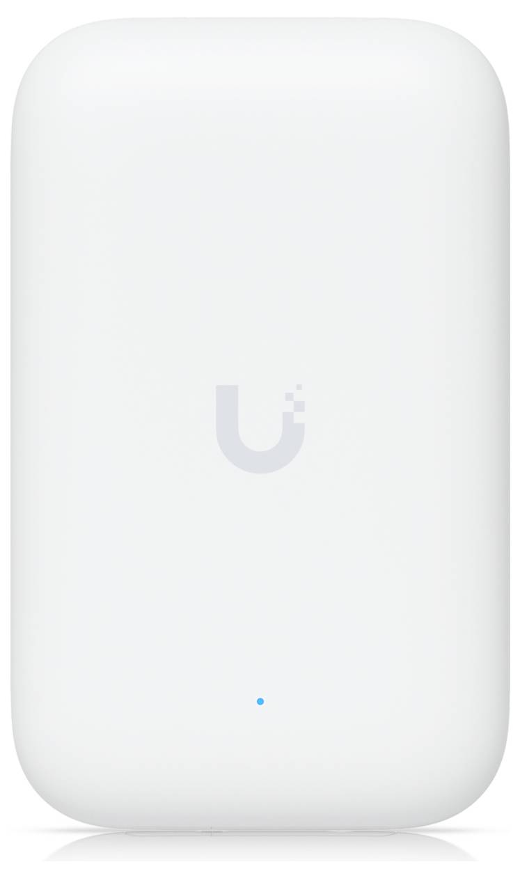 Un dispositivo bianco, rettangolare con angoli arrotondati e una piccola luce blu nella parte inferiore. Il logo 'U' è posizionato al centro.