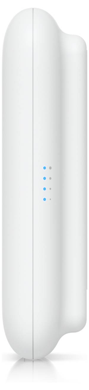 Un dispositivo bianco e sottile con una serie di cinque spie di stato blu sul davanti.