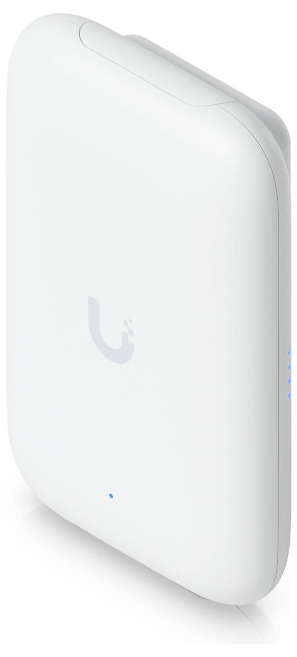 Un ripetitore Wi-Fi bianco e sottile con indicatori LED sul lato. Contrassegnato con un logo stilizzato a forma di 'U' al centro.