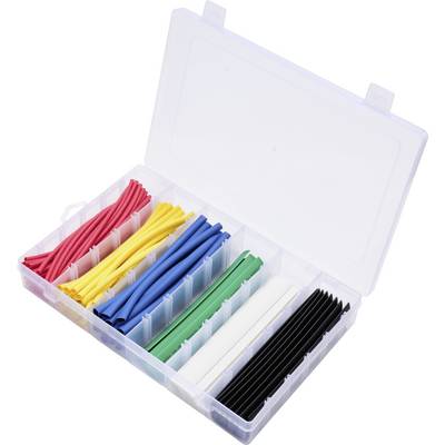 Una scatola aperta con tubi termorestringenti colorati in rosso, giallo, blu, verde, bianco e nero, ordinatamente disposti in scompartimenti.
