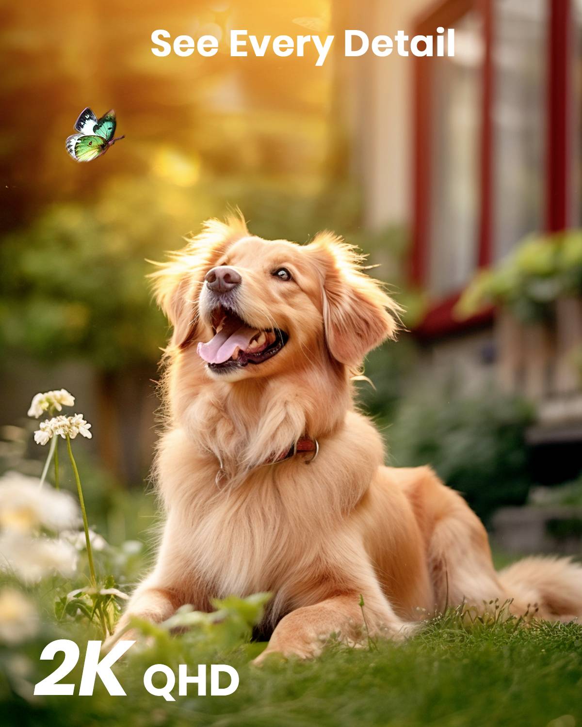 Un cane è seduto nell'erba e guarda una farfalla. Testo in alto: 'Vedi Ogni Dettaglio'. In basso a sinistra: '2K QHD'. Bagliori di sole sullo sfondo.