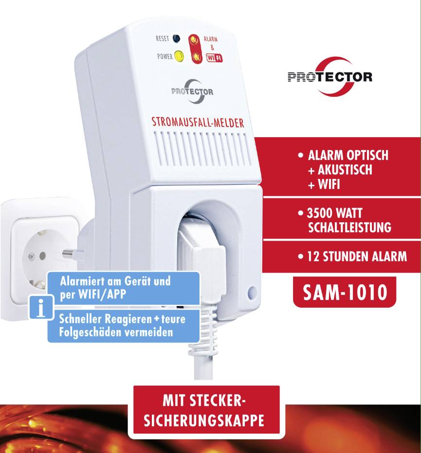 Immagine di un rilevatore di interruzione di corrente. Dotato di allarme ottico e segnale acustico, compatibile con WLAN, potenza di commutazione da 3500 watt. Allarme con durata di 12 ore.